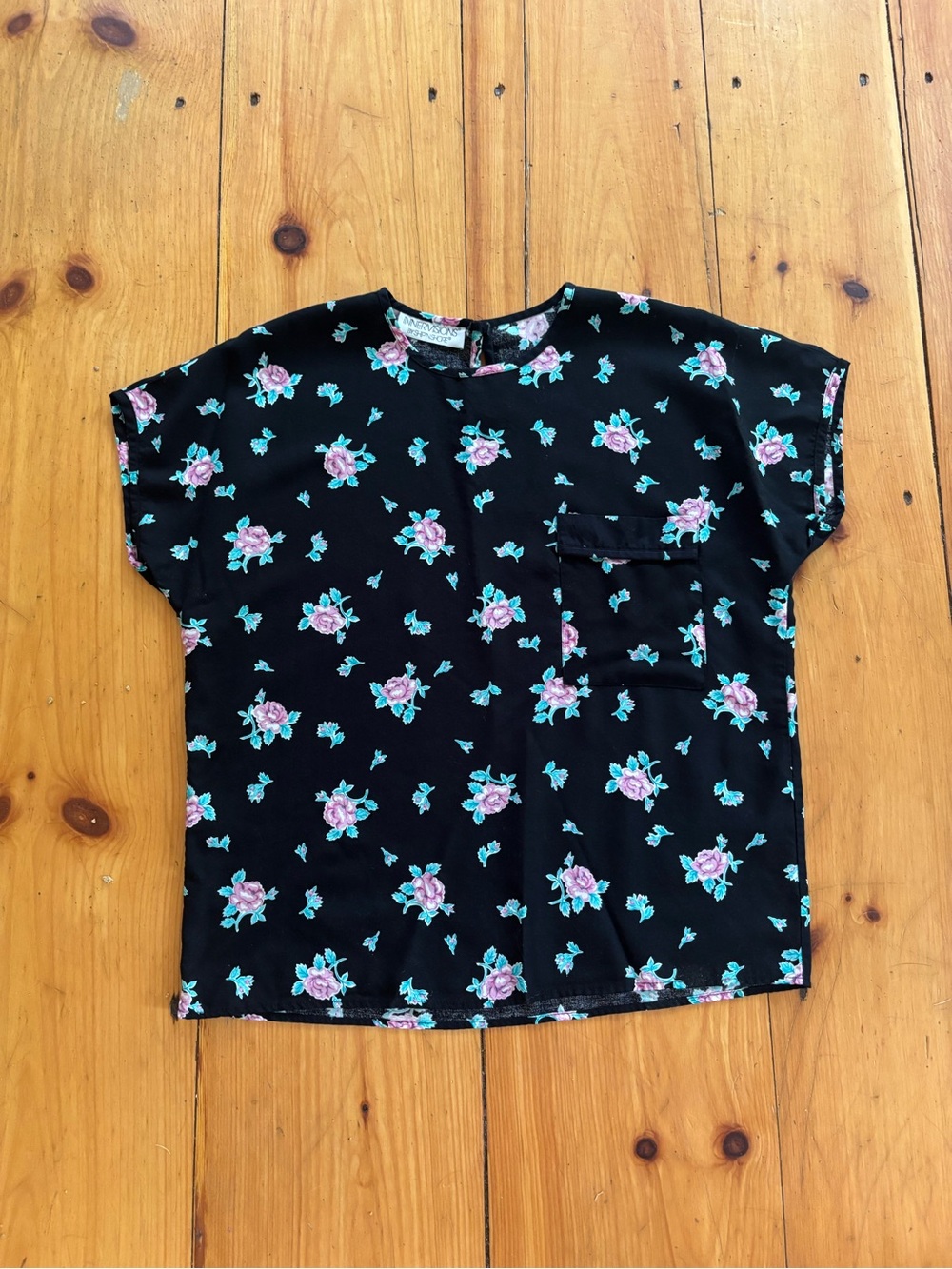 Vintage Floral Rose Print Blouse Black Pink Pocket Top M/L